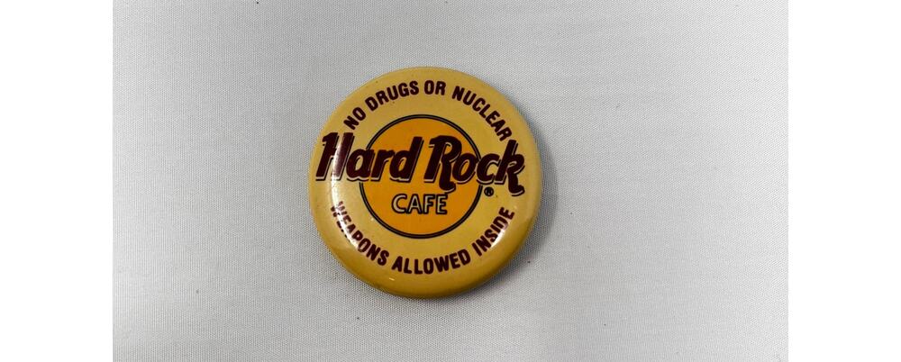 Vintage No Drugs or Nuclear Weapons Allowed Inside Hard Rock Cafe 1.5" Pin/Buttn